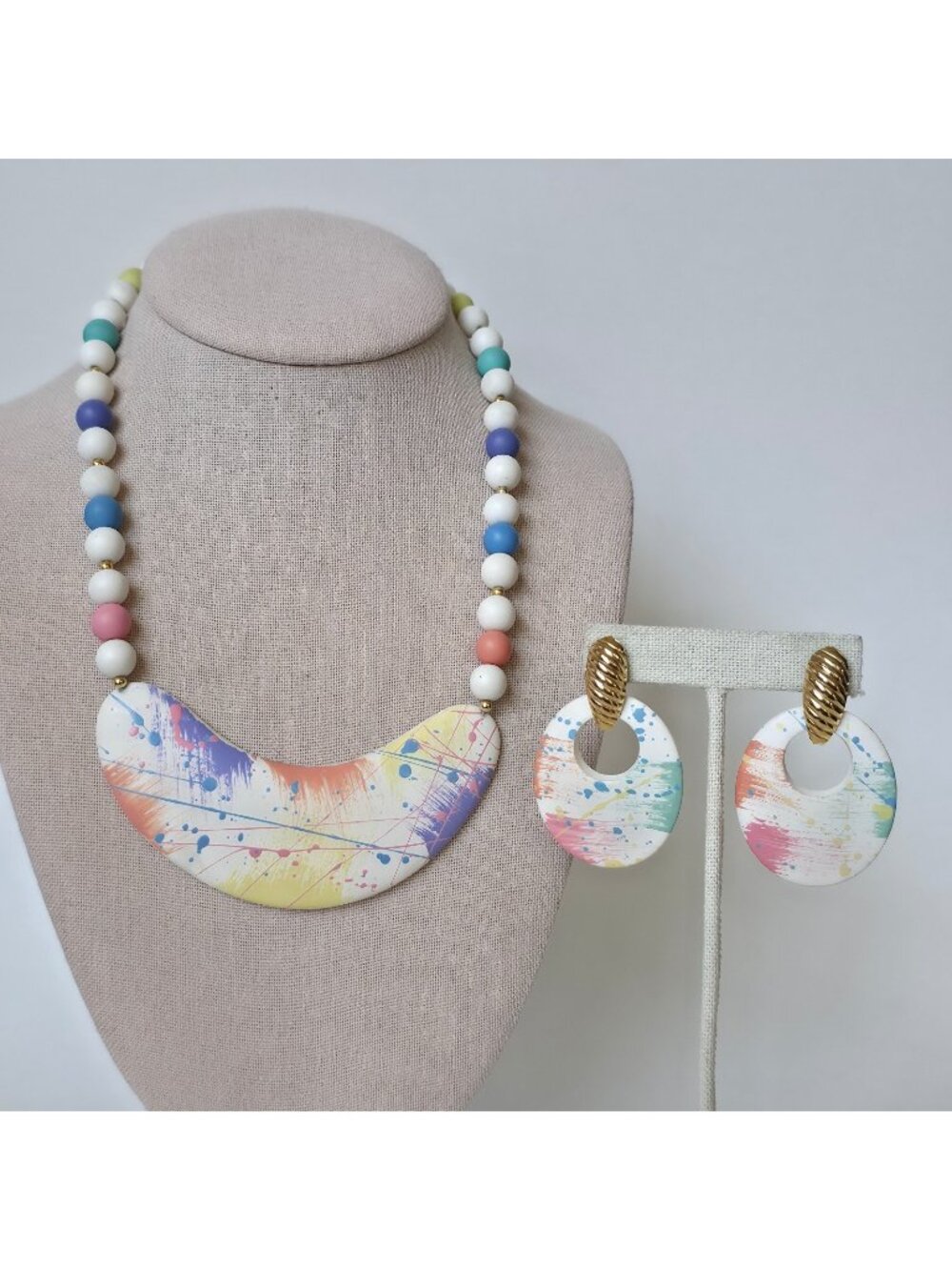 Vintage Acrylic or Wood Paint Splatter Necklace Matching Earrings Set 80s 90s